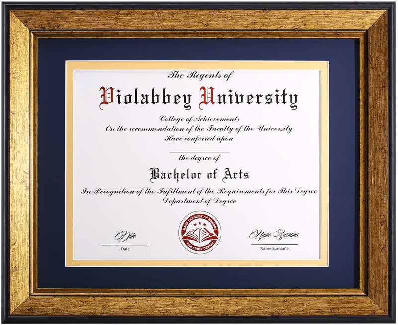 VIOLABBEY 8.5x11 Diploma Frame Gold, 8.5 x 11 Certificate Frame with Mat or 11x14 College Degree Frames without Mat, Wall or Tabletop Display, Tempered glass (Navy Gold Double Mat) - Image 1